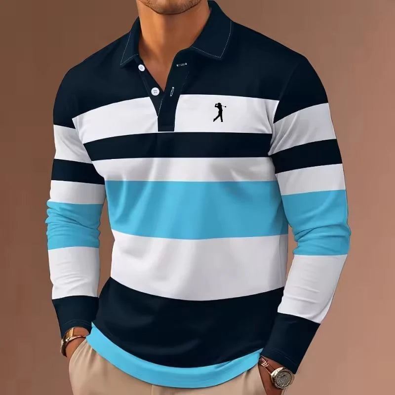 Men's Stripes Rugby Long Sleeve Polo Shirt