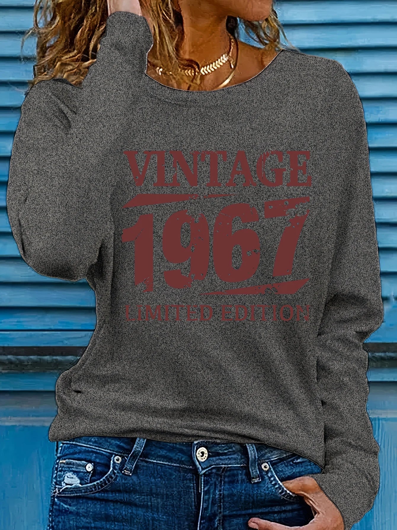 Casual VINTAGE 1967 Letter Printed Round Neck Long Sleeve T-shirt