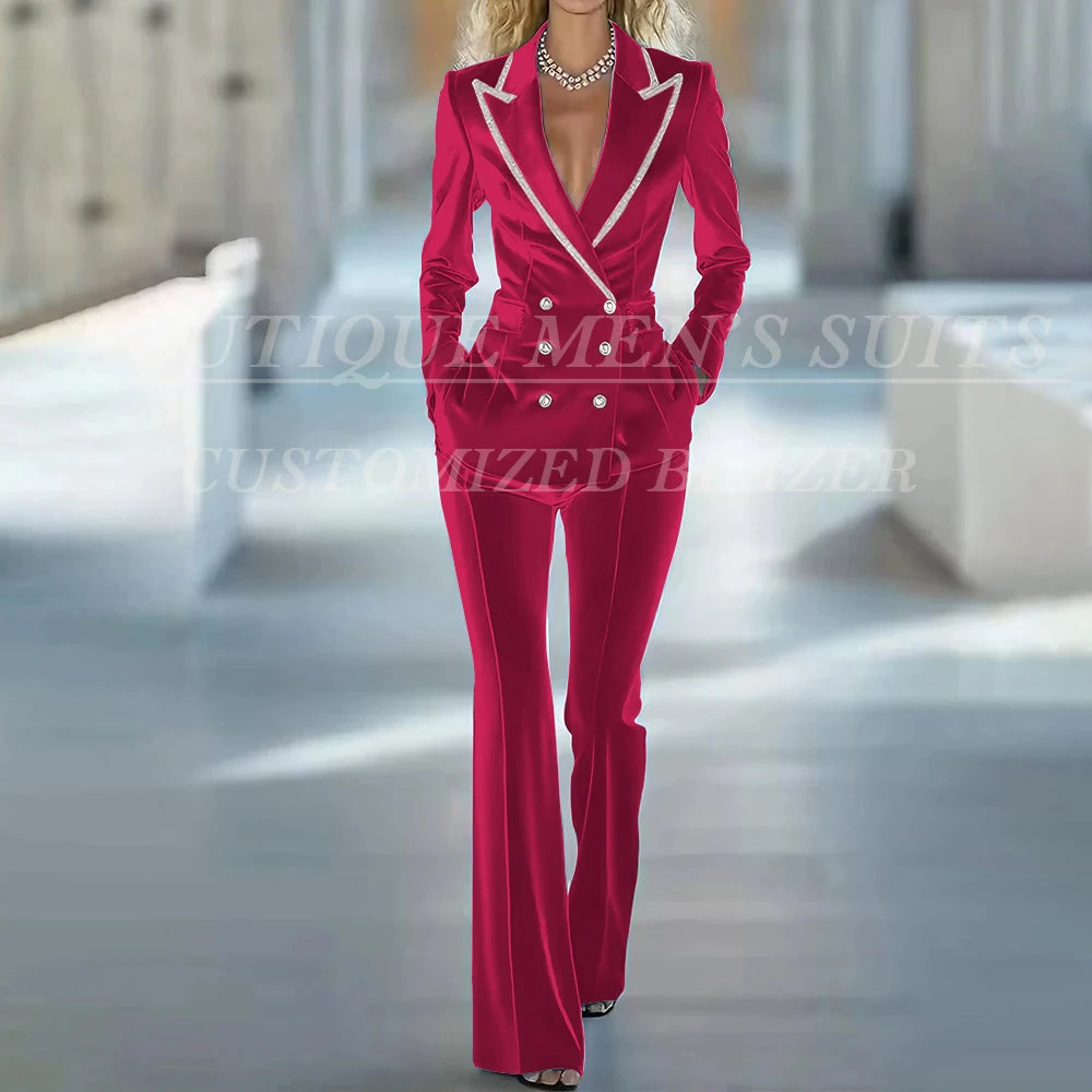Fashion Women's Suits 2 Piece Jacket Pants Sets Elegant Double Breasted Female Velvet Clothing Office Lady Outfits Costume