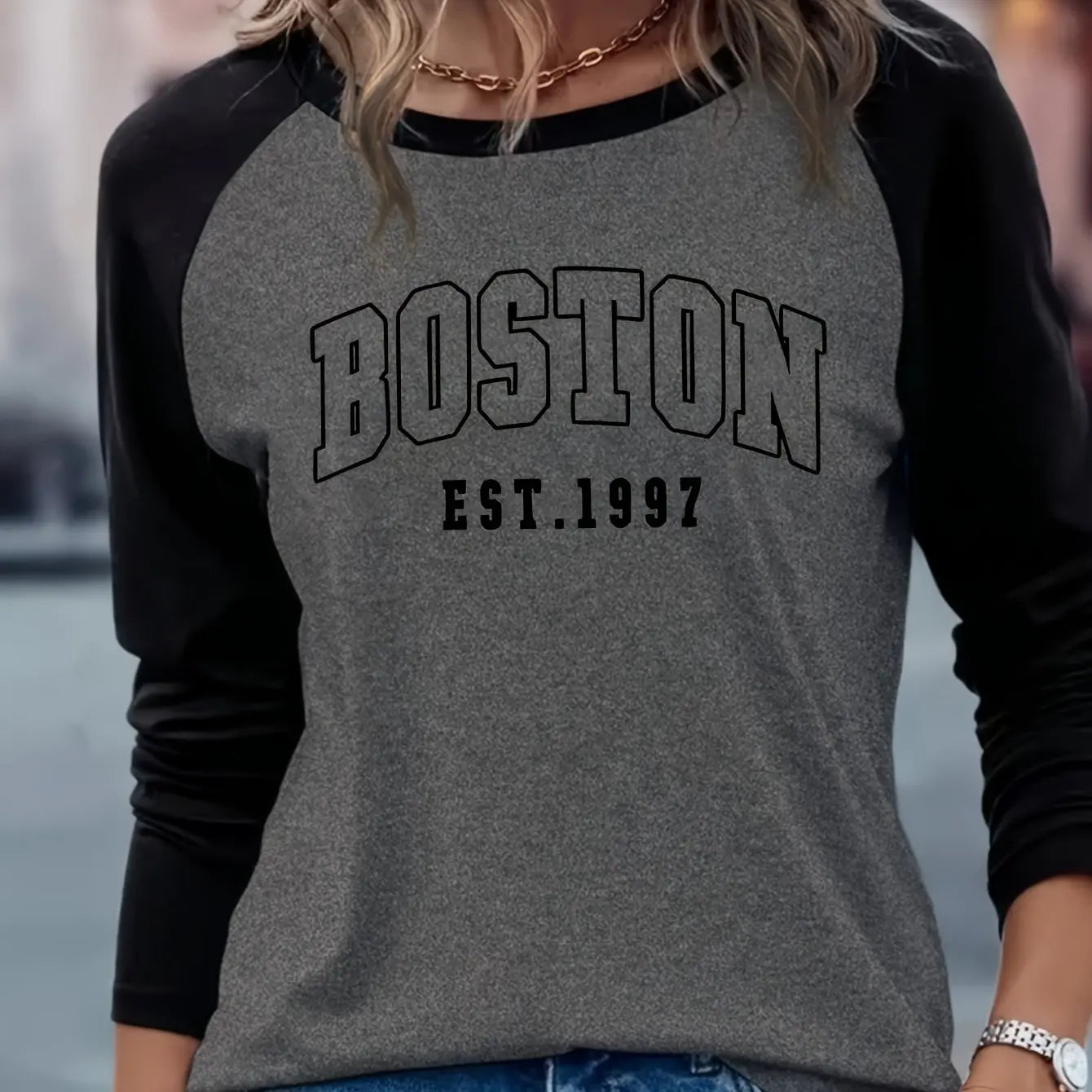 BOSTON Print Crew Neck T shirt Casual Long Autumn winter top women's long sleeved T-shirt loose comfortable black white