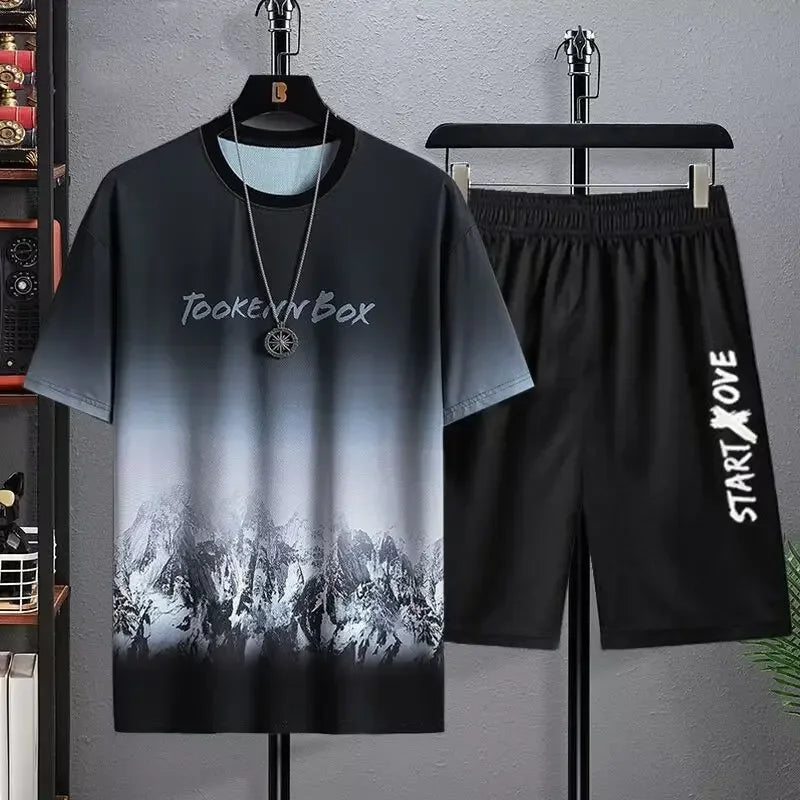 Men's Casual Breathable Short Sleeve 3D Printed T-shirt+Shorts Basketball Set