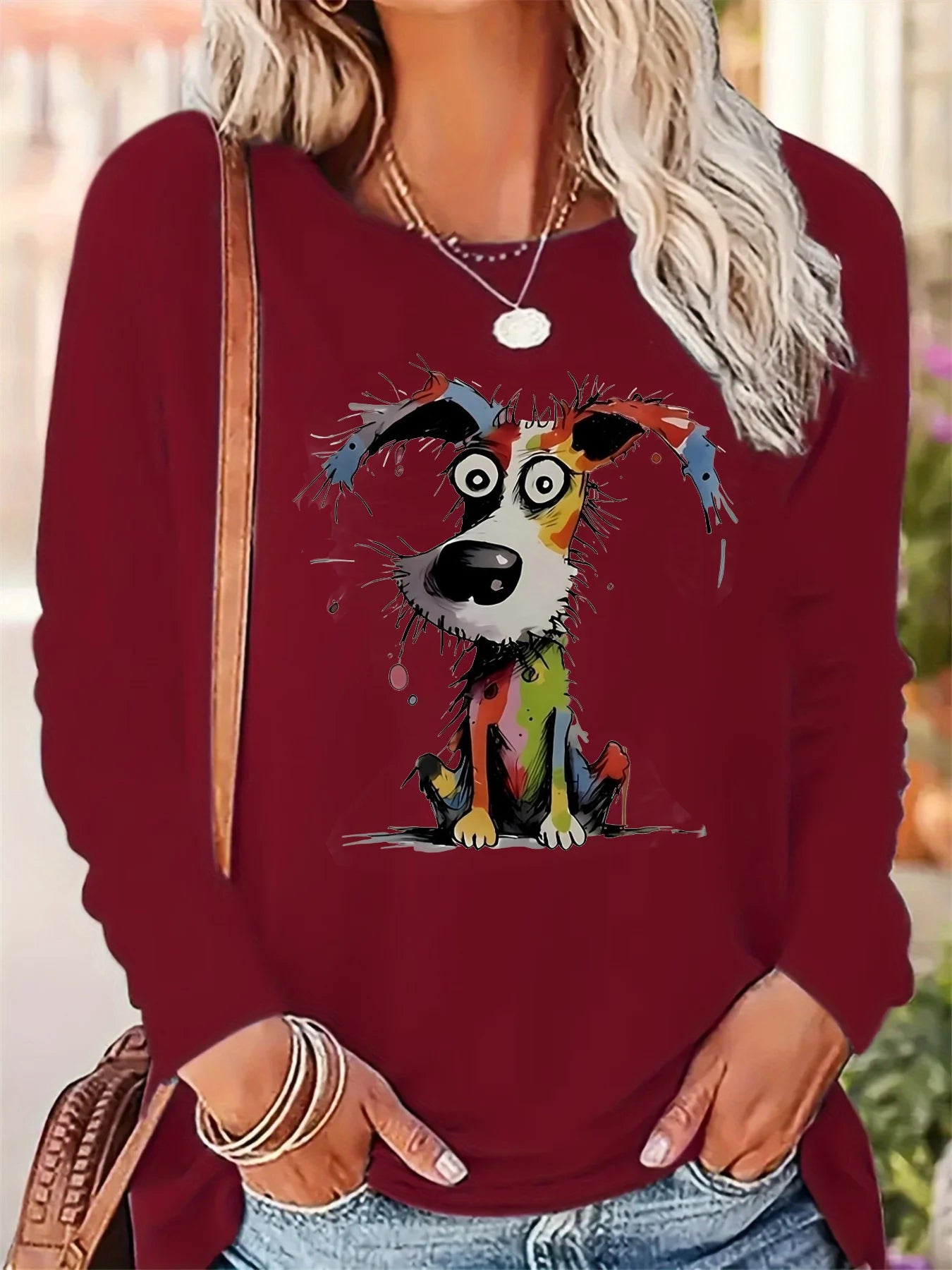 Casual Painted Cute Dog Print Round Neck Long Sleeved T-shirt