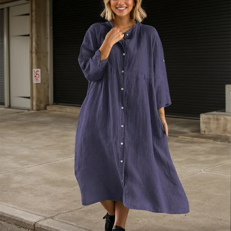 Long Sleeve Button O-neck Loose Dress