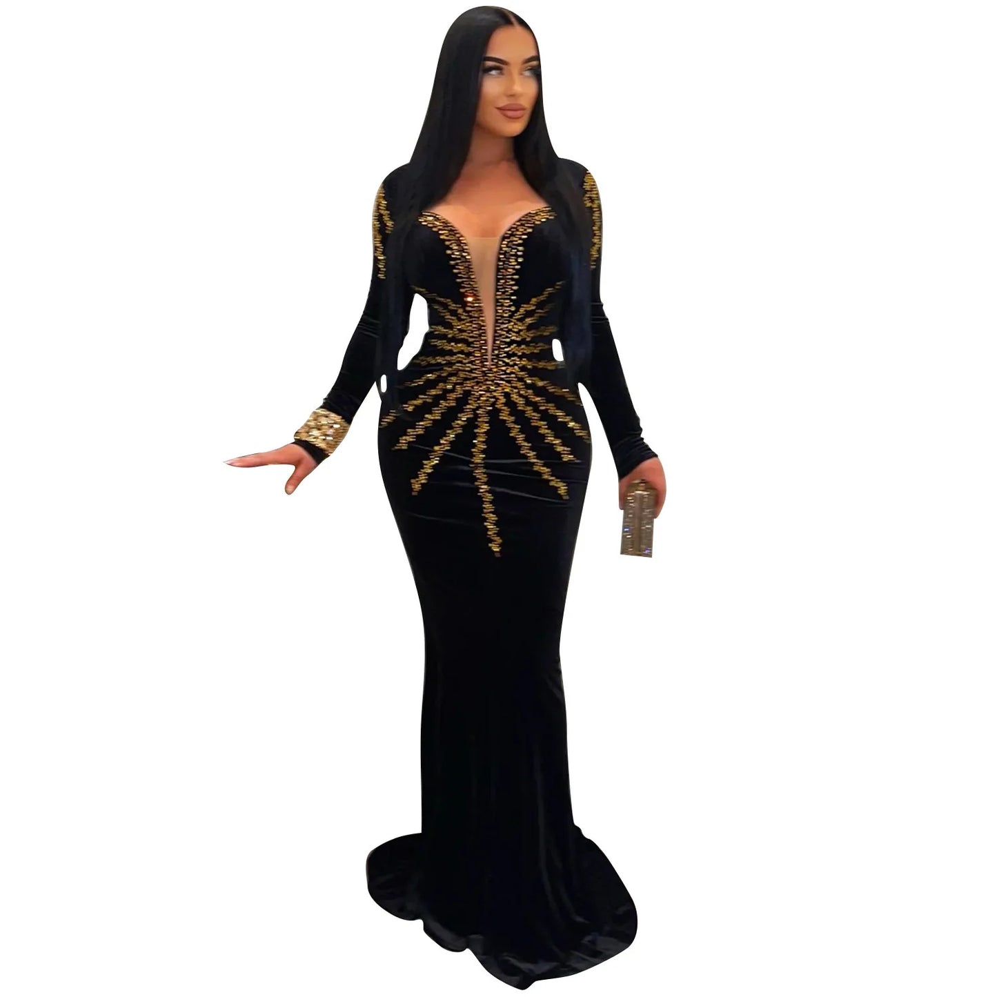 Solid Rhinestones O-neck Long Sleeve Maxi Dress