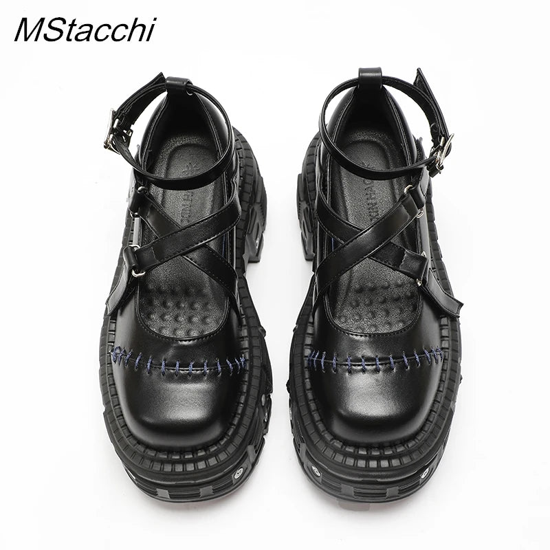 Flat Platform Rivet Buckle Strap Shoes