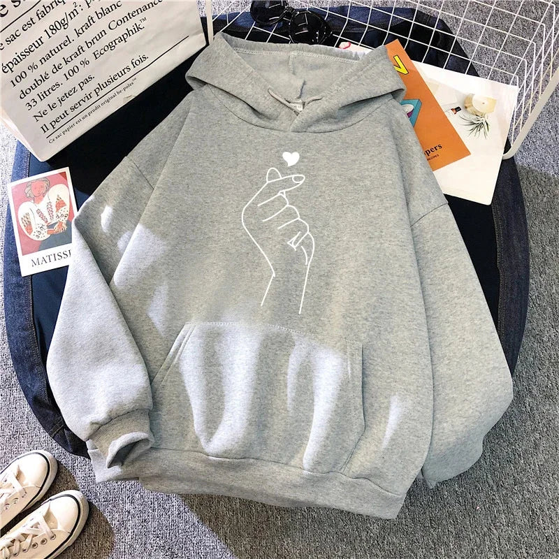 Hand Heart Printed Casual Hoodie Pullover Top