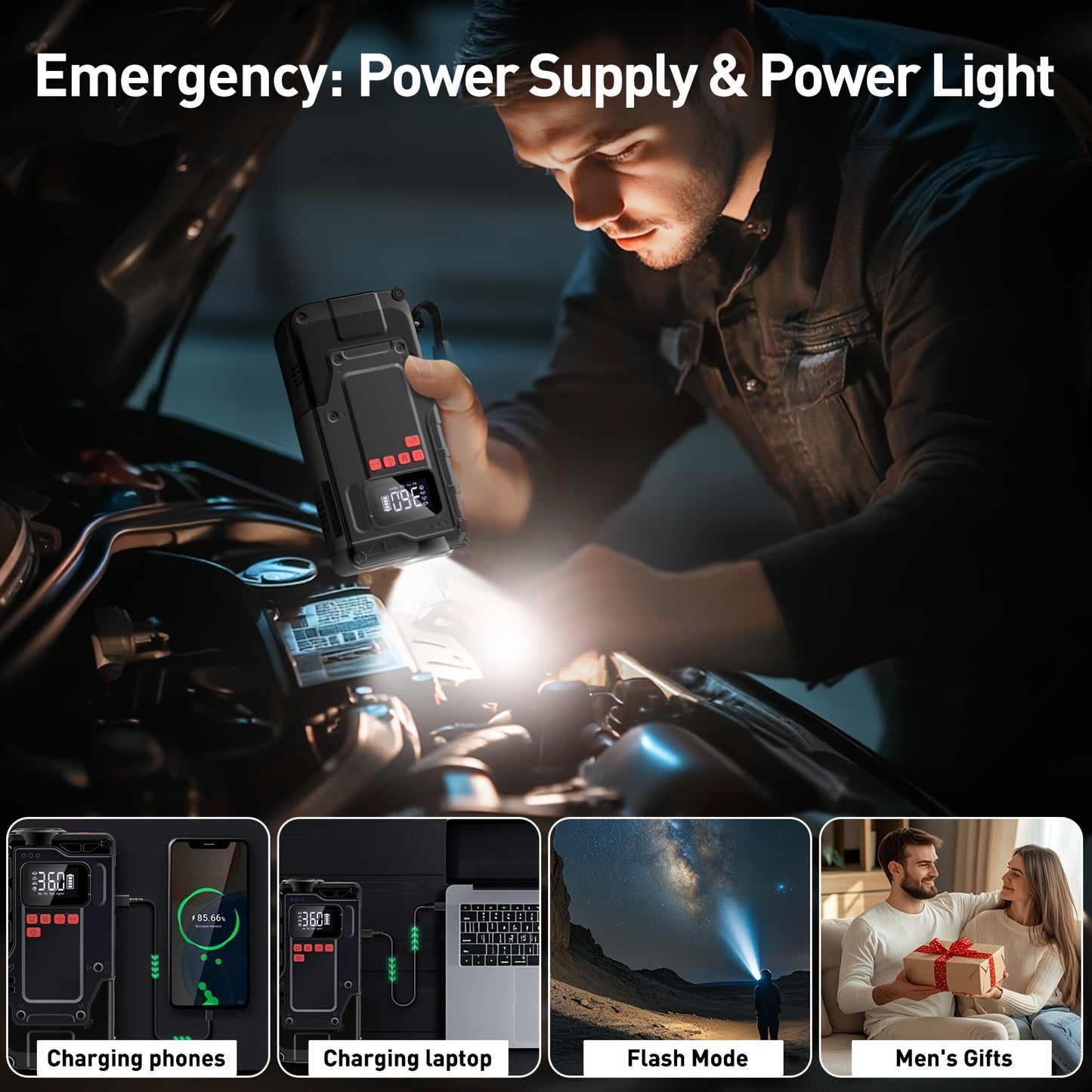2200A 150PSI Portable Car Jump Starter With Air Compressor, Large LCD Display, Lights, 12V Jump Box