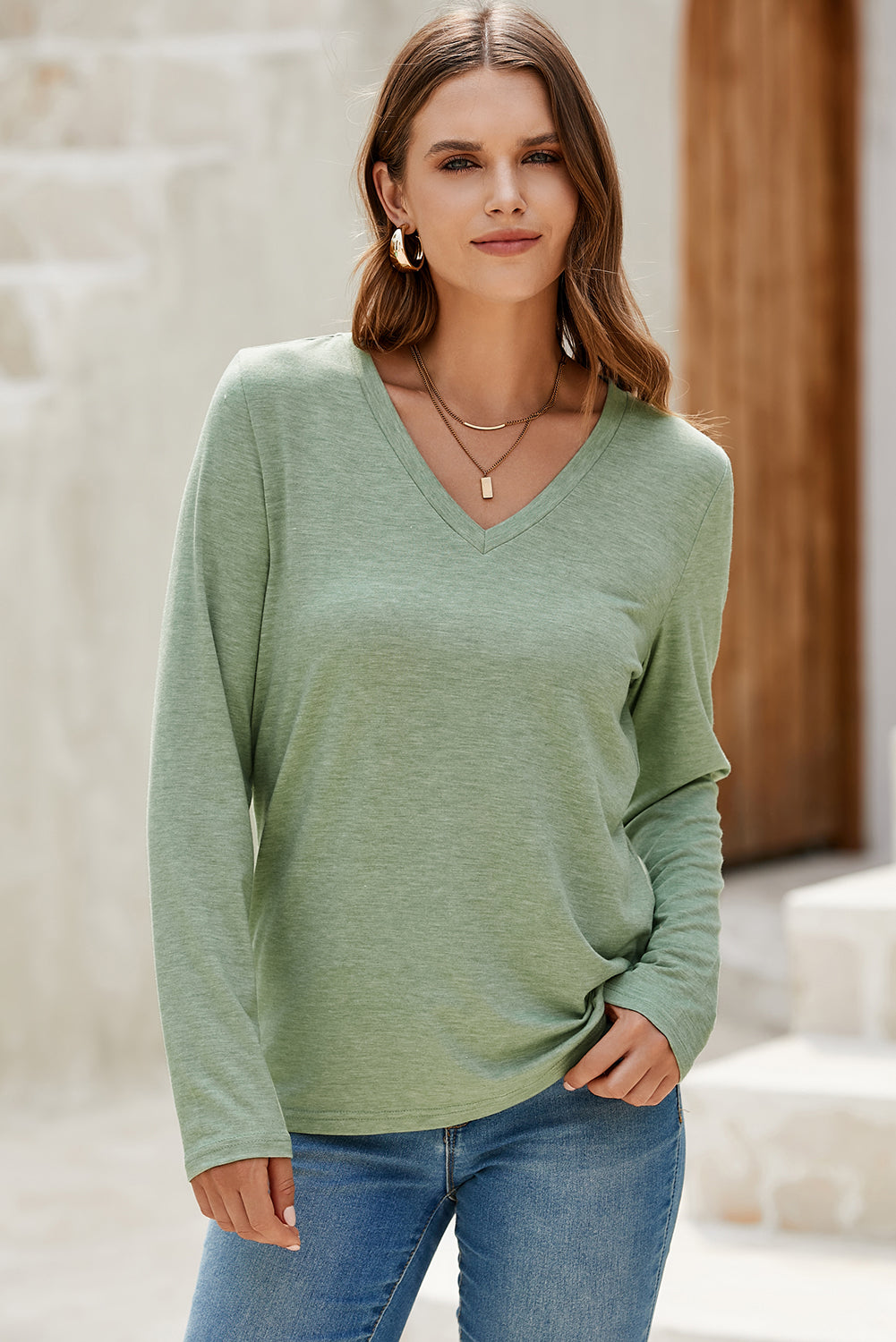 Solid V-Neck Long Sleeve Knit Top