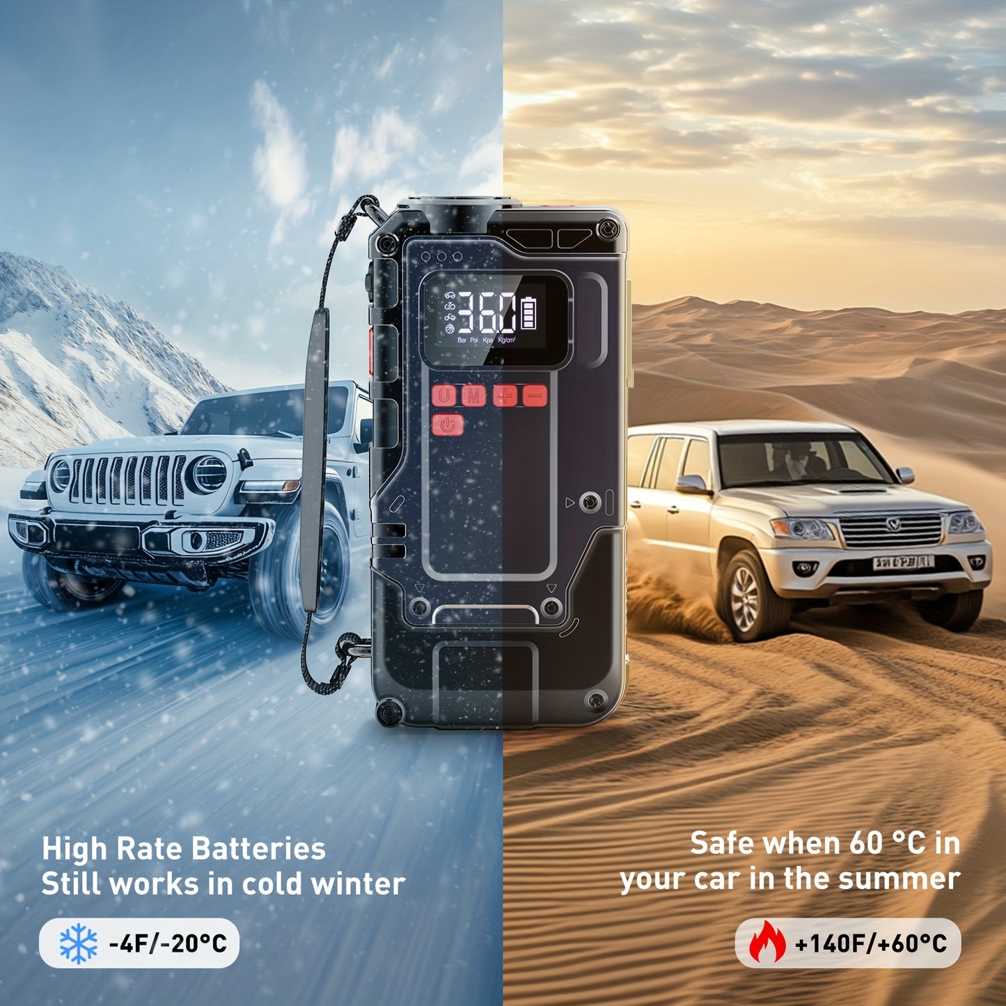2200A 150PSI Portable Car Jump Starter With Air Compressor, Large LCD Display, Lights, 12V Jump Box