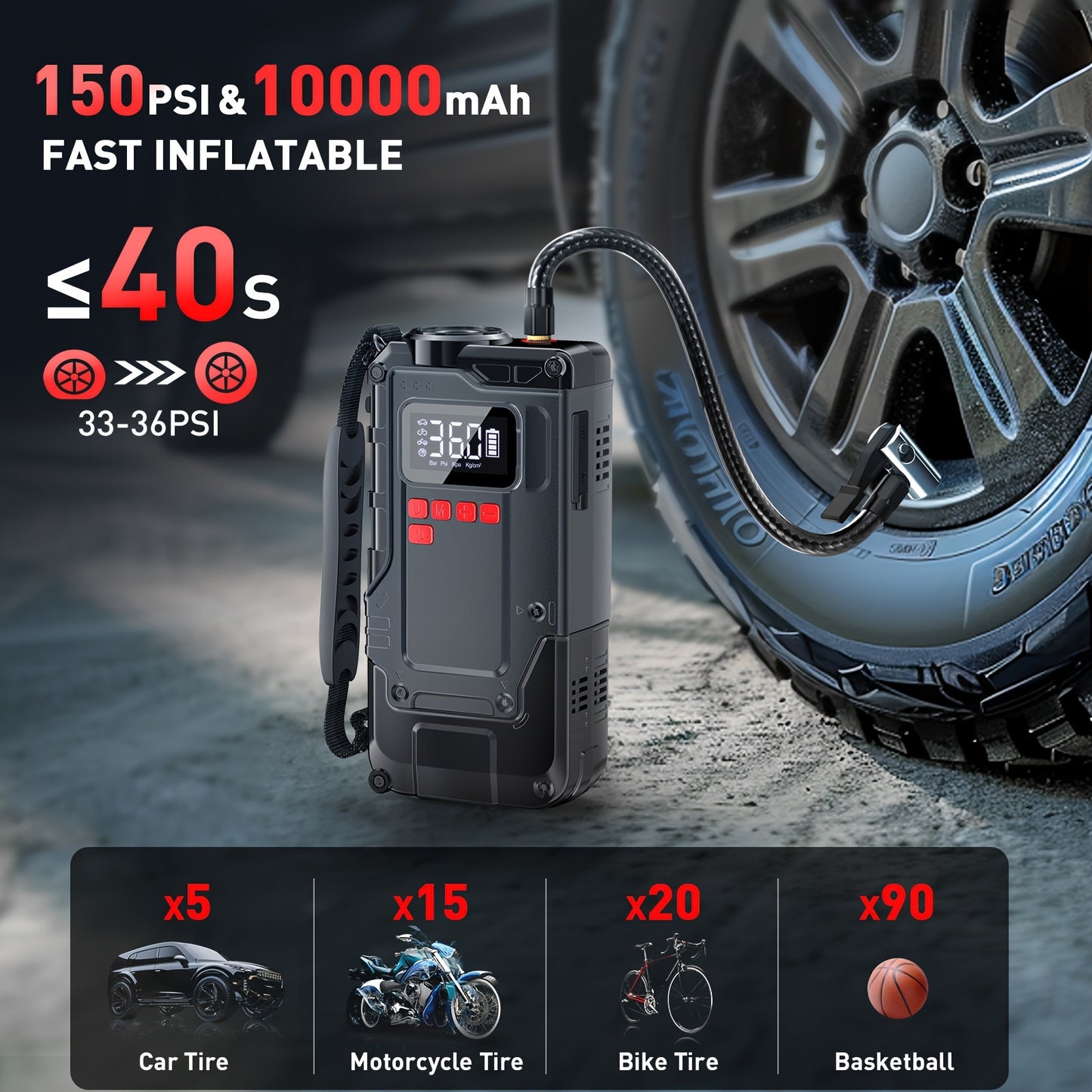 2200A 150PSI Portable Car Jump Starter With Air Compressor, Large LCD Display, Lights, 12V Jump Box