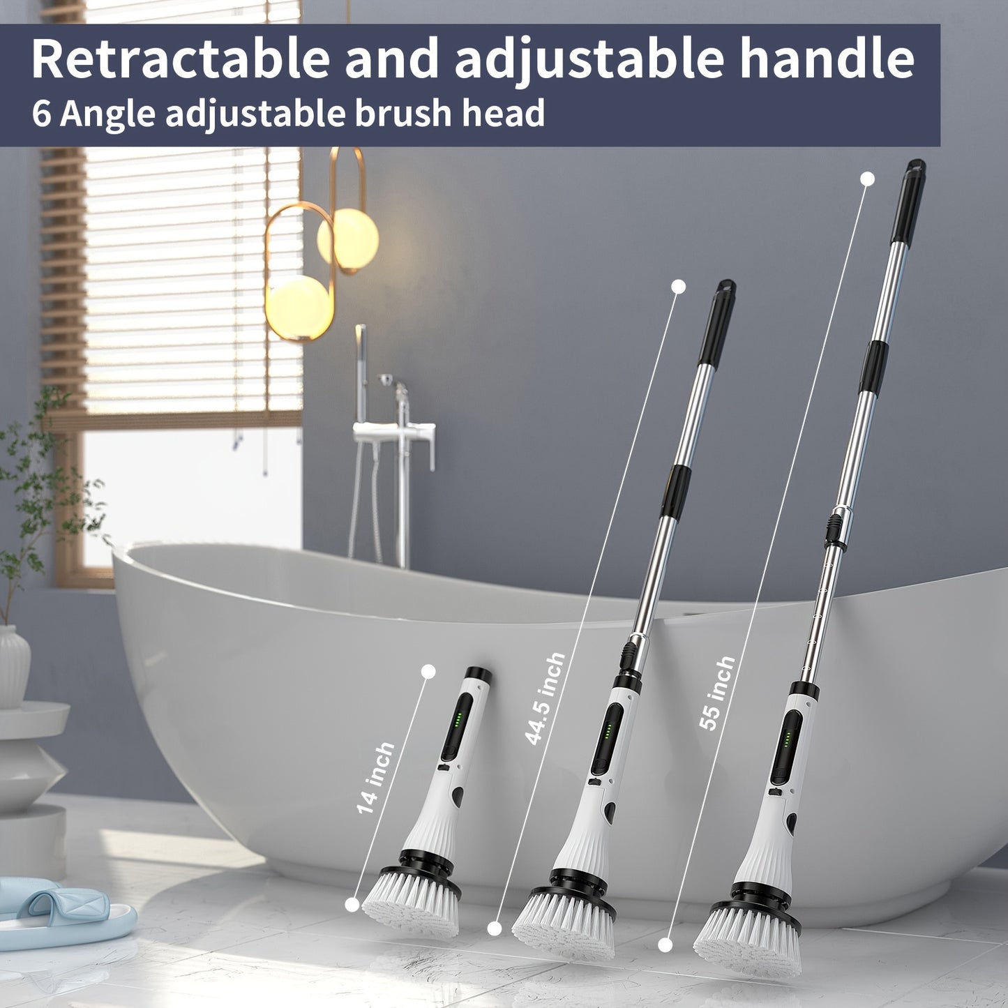 Electric Spin Scrubber, Cordless Cleaning Brush with 8 Replaceable Brush Heads and 2-Speed Control, Adjustable Shower Scrubber with Retractable Extension Handle