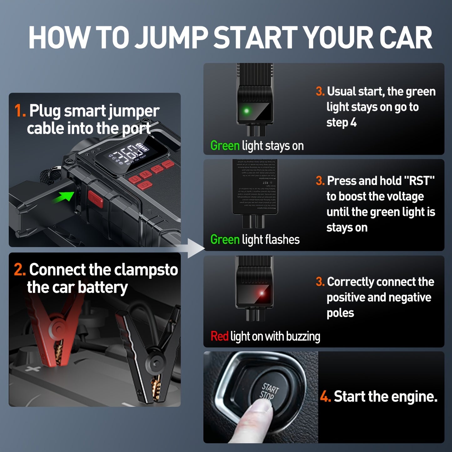 2200A 150PSI Portable Car Jump Starter With Air Compressor, Large LCD Display, Lights, 12V Jump Box