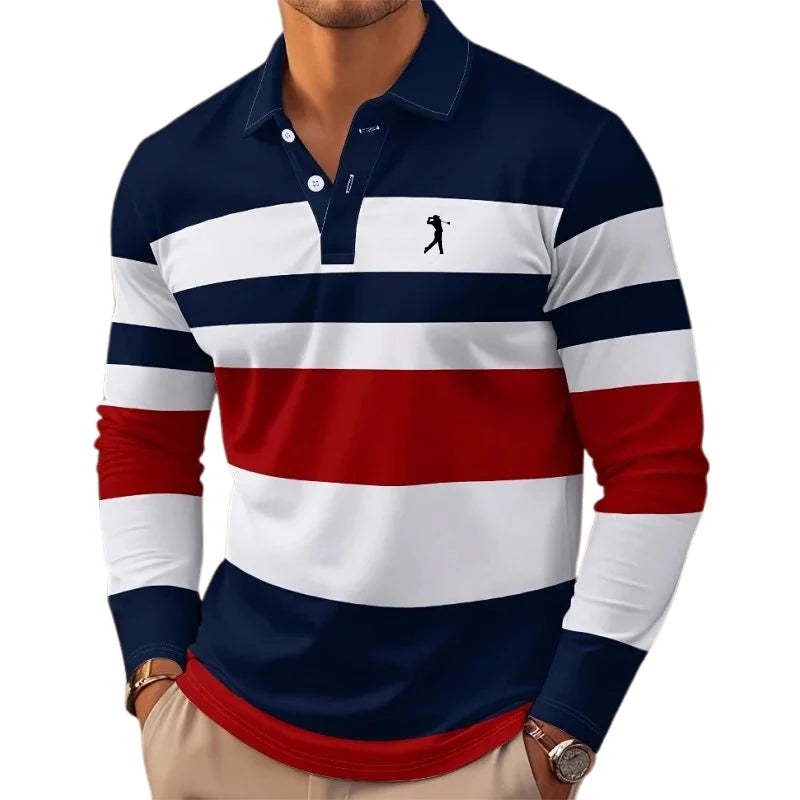 Men's Stripes Rugby Long Sleeve Polo Shirt