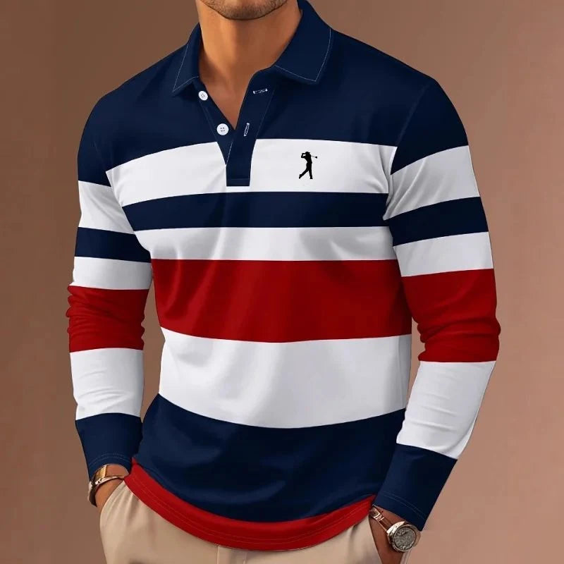 Men's Stripes Rugby Long Sleeve Polo Shirt