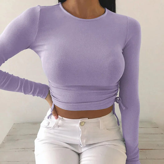 O-Neck Long Cropped Solid T-Shirt
