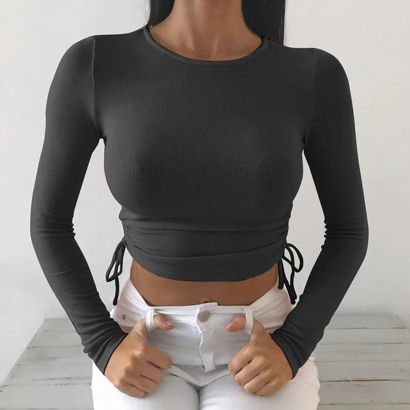 O-Neck Long Cropped Solid T-Shirt