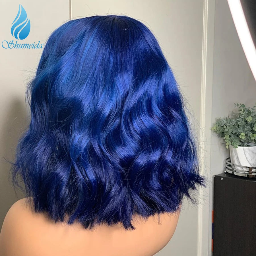 Shumeida Blue Color 13*4 Lace Front Wigs Body Wave Brazilian Remy Human Hair Short Bob Wig with Baby Hair