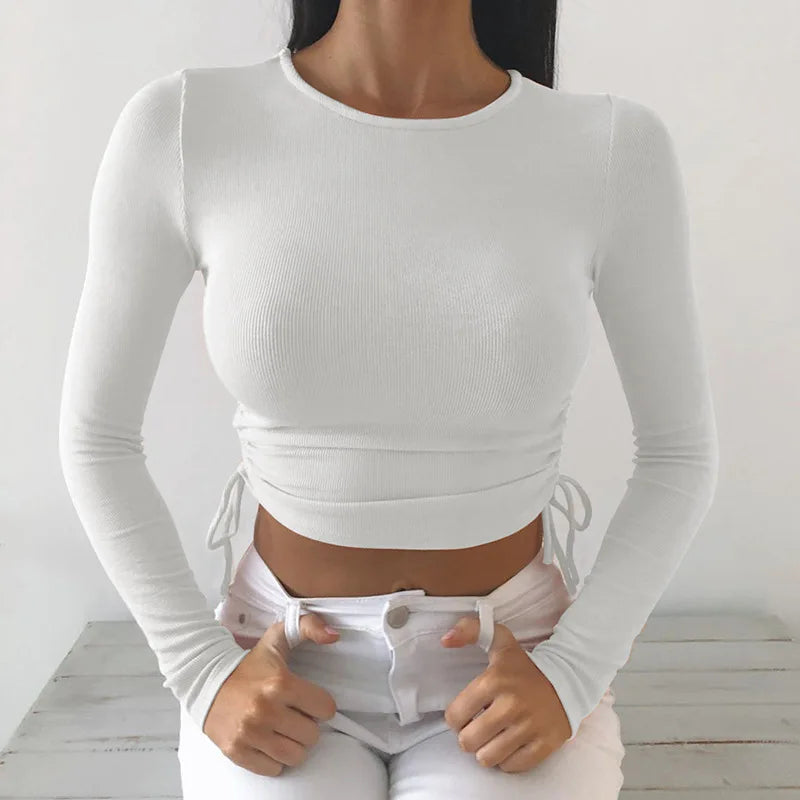 O-Neck Long Cropped Solid T-Shirt