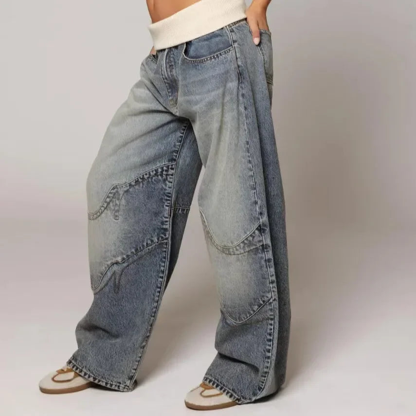 Retro Hip-Hop Patchwork Blue Low Waist Oversize Loose Wide Leg Jean
