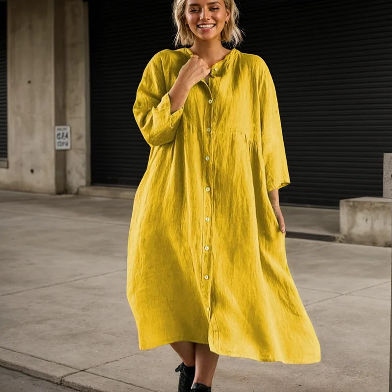 Long Sleeve Button O-neck Loose Dress