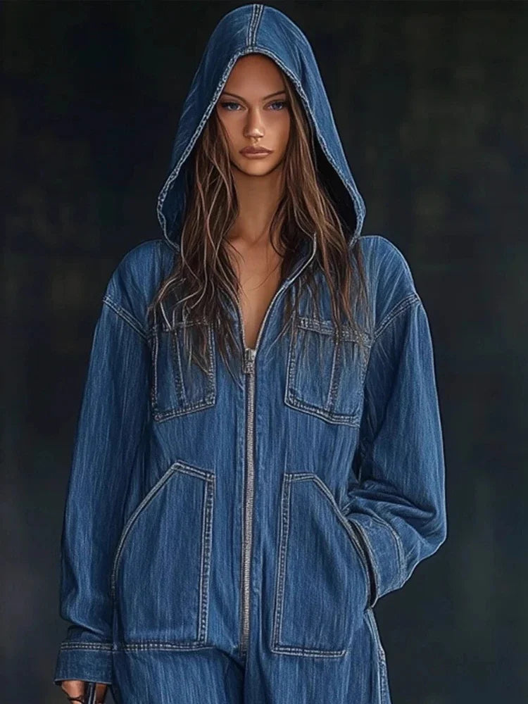 Women Denim Long Sleeve Zipper Wide Jumper-suit
