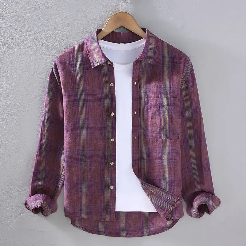 Men Long-sleeved Plaid Shirt