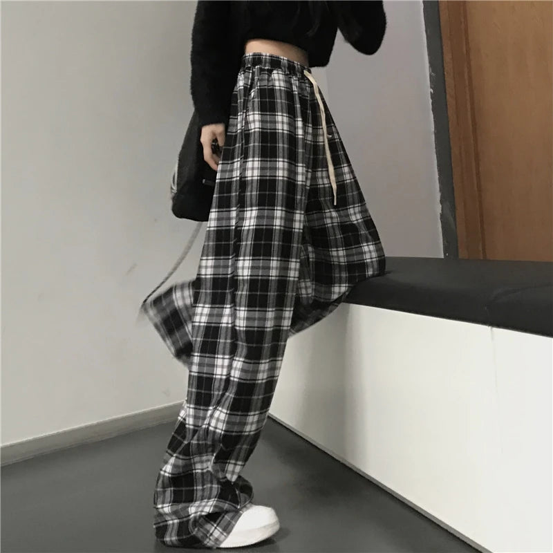 Black Plaid Casual Baggy Elastic Waist Trousers