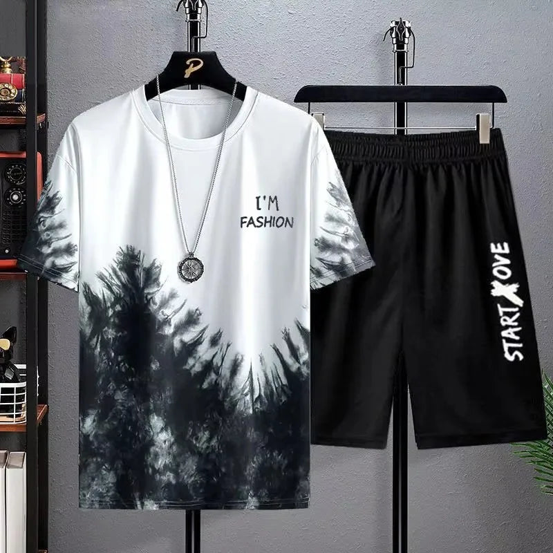 Men's Casual Breathable Short Sleeve 3D Printed T-shirt+Shorts Basketball Set
