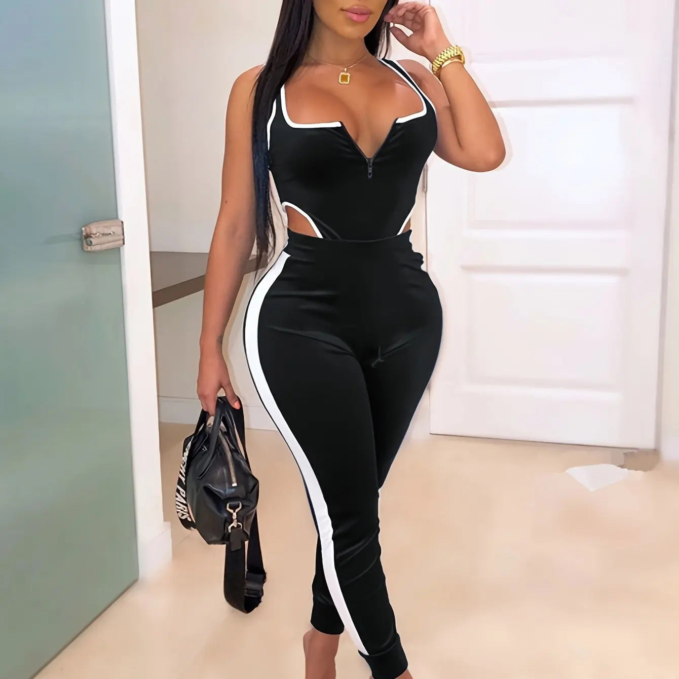 Sleeveless Cut Out Bodysuit & High Waist Stretchy Pant
