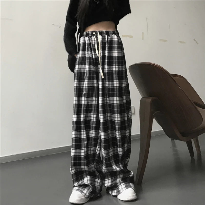 Black Plaid Casual Baggy Elastic Waist Trousers