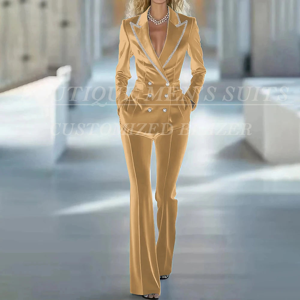 Fashion Women's Suits 2 Piece Jacket Pants Sets Elegant Double Breasted Female Velvet Clothing Office Lady Outfits Costume
