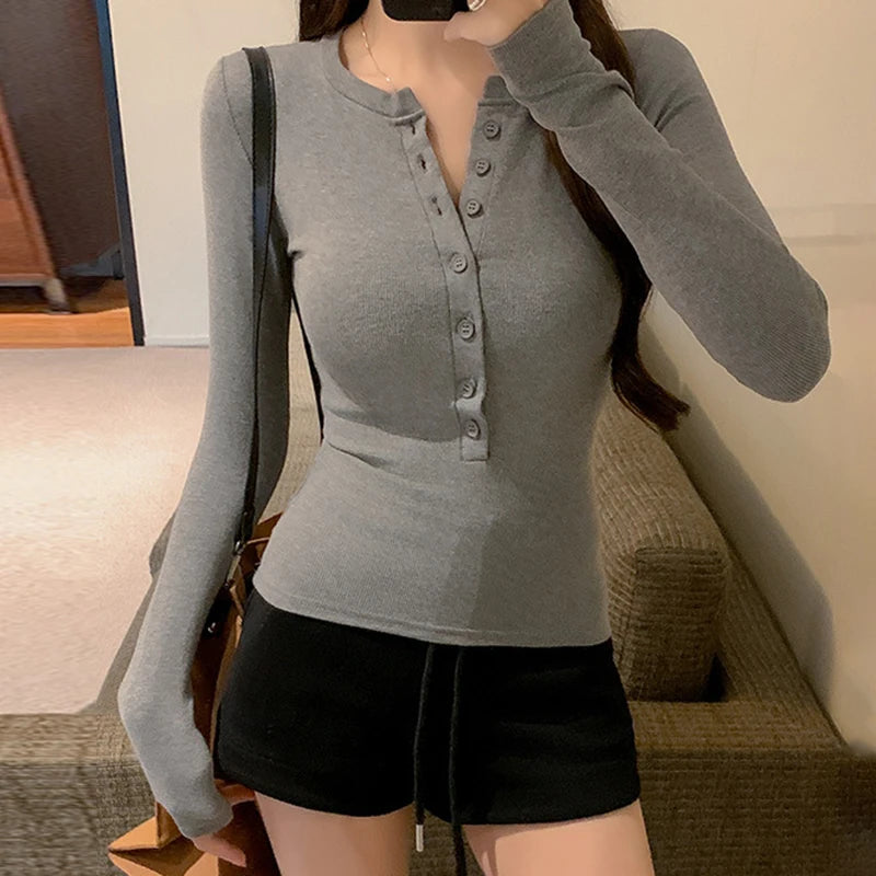 Solid Single Breasted Long Sleeve  Casual Basic T-shirt