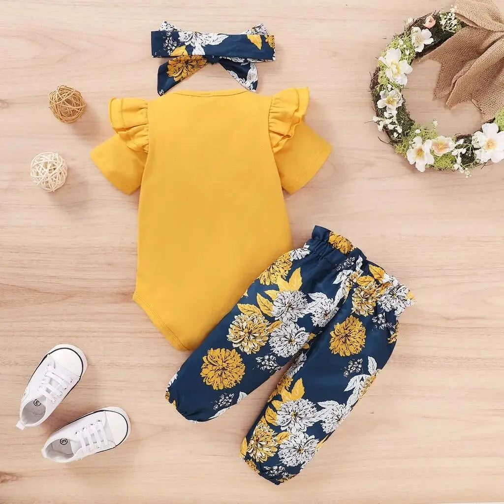 Short Sleeve Shirt +Floral Pants with Bow + Headband 3PCS Outfit