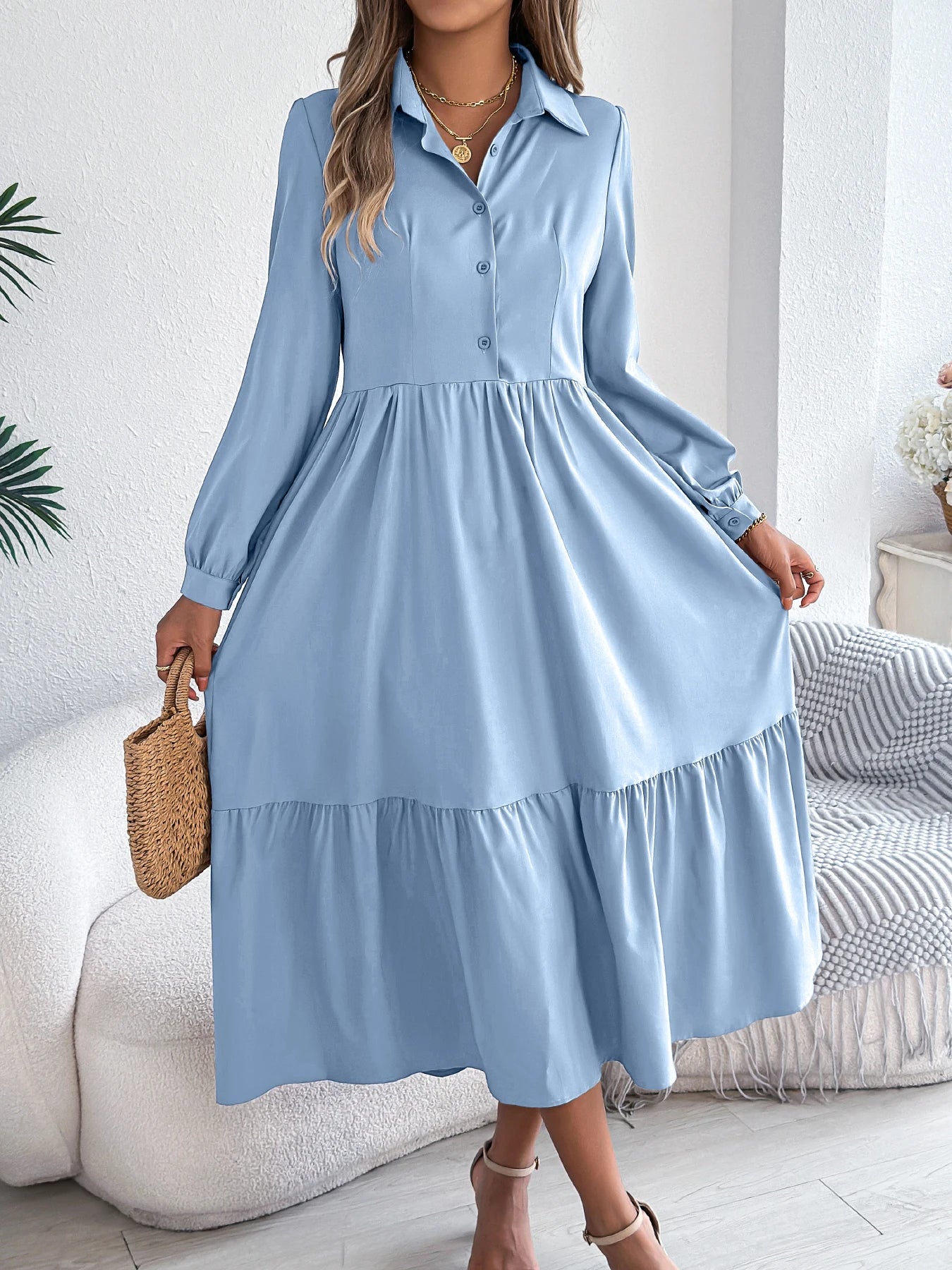 Casual Long Sleeved Mid-calf Dress