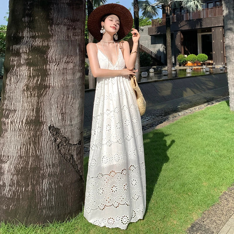 White Embroidery V-Neck Dress