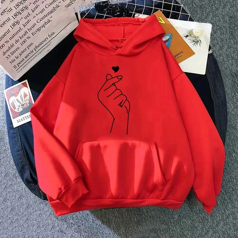 Hand Heart Printed Casual Hoodie Pullover Top