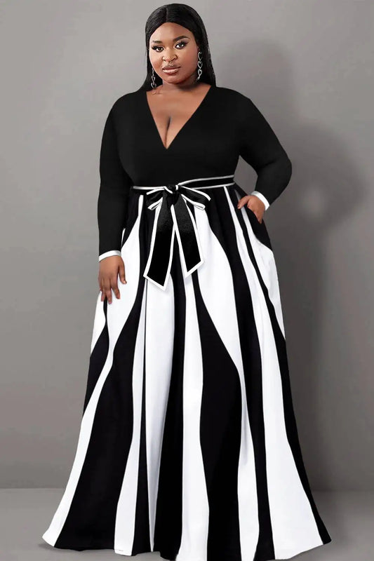 Black Geometric V Neck Long Sleeve Wrap Maxi Dresses With Pocket