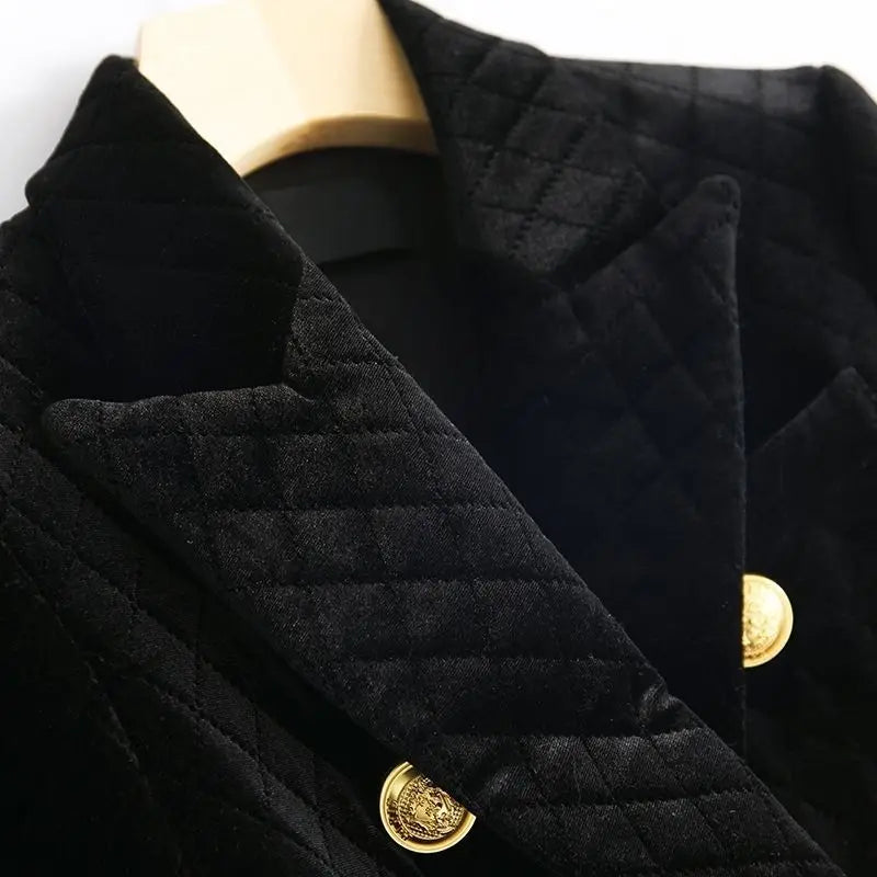 Velvet Black Cotton Double Row Metal Button Blazer