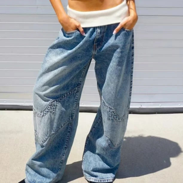 Retro Hip-Hop Patchwork Blue Low Waist Oversize Loose Wide Leg Jean