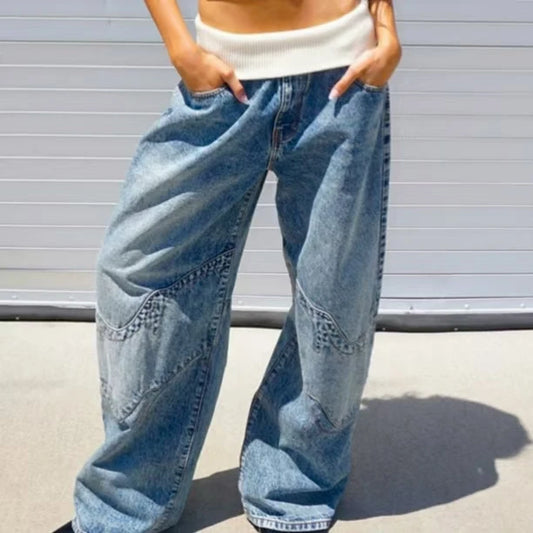 Retro Hip-Hop Patchwork Blue Low Waist Oversize Loose Wide Leg Jean