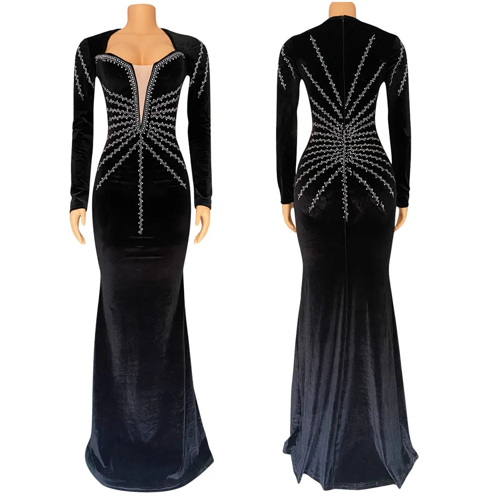 Solid Rhinestones O-neck Long Sleeve Maxi Dress