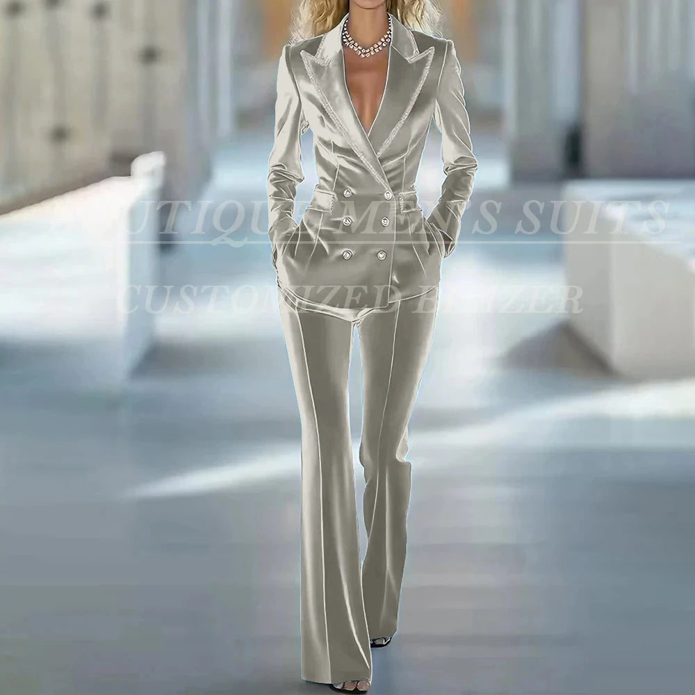 Fashion Women's Suits 2 Piece Jacket Pants Sets Elegant Double Breasted Female Velvet Clothing Office Lady Outfits Costume