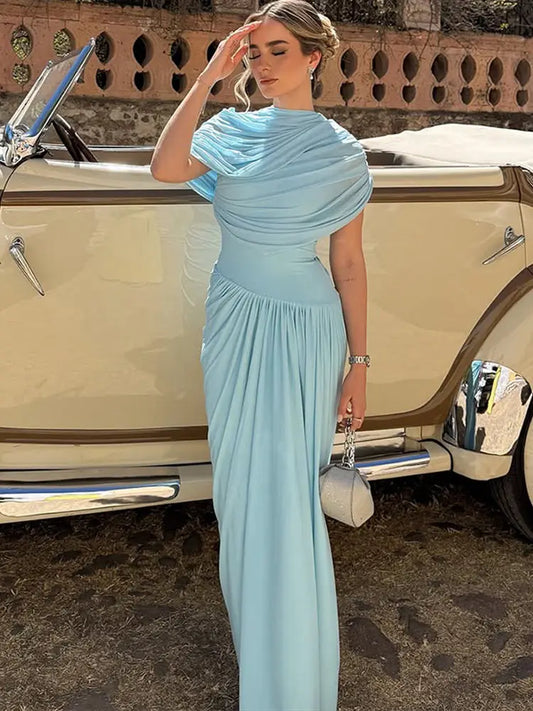 Pleated Wrapped Cape Style Layered Dress