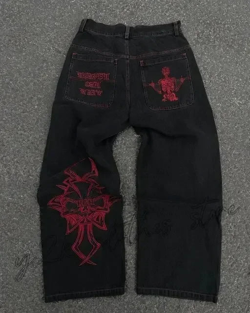 Baggy Red Print Grey Washed Unsex Wide Leg Jean