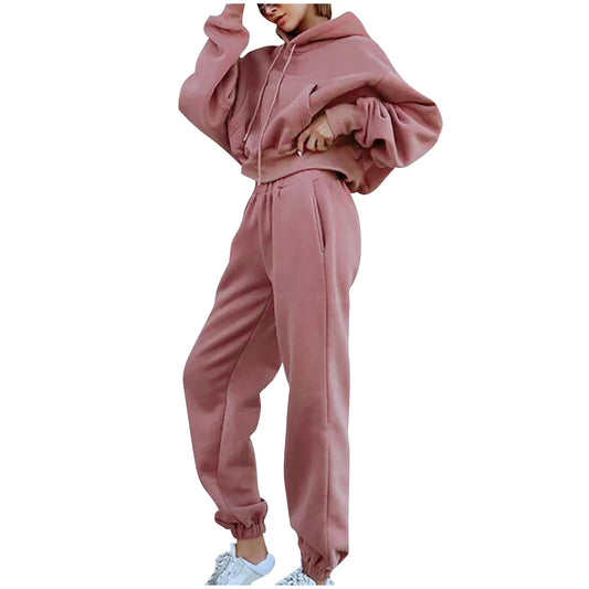 Women's Casual Solid Color Long Sleeved Hoodie Trousers Suit