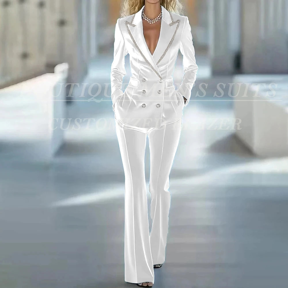 Fashion Women's Suits 2 Piece Jacket Pants Sets Elegant Double Breasted Female Velvet Clothing Office Lady Outfits Costume