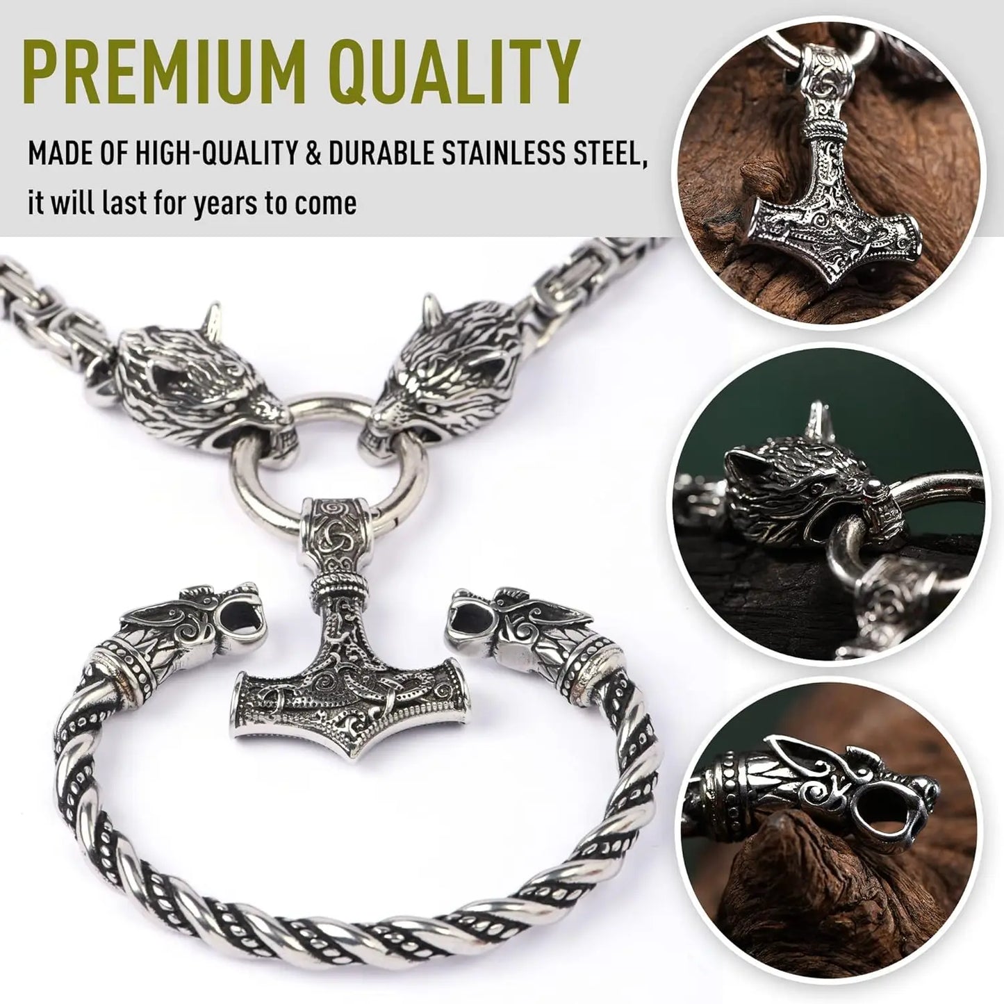 Stainless Steel Thor’s Hammer Necklace with Wolf Heads