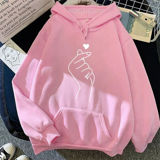 Hand Heart Printed Casual Hoodie Pullover Top