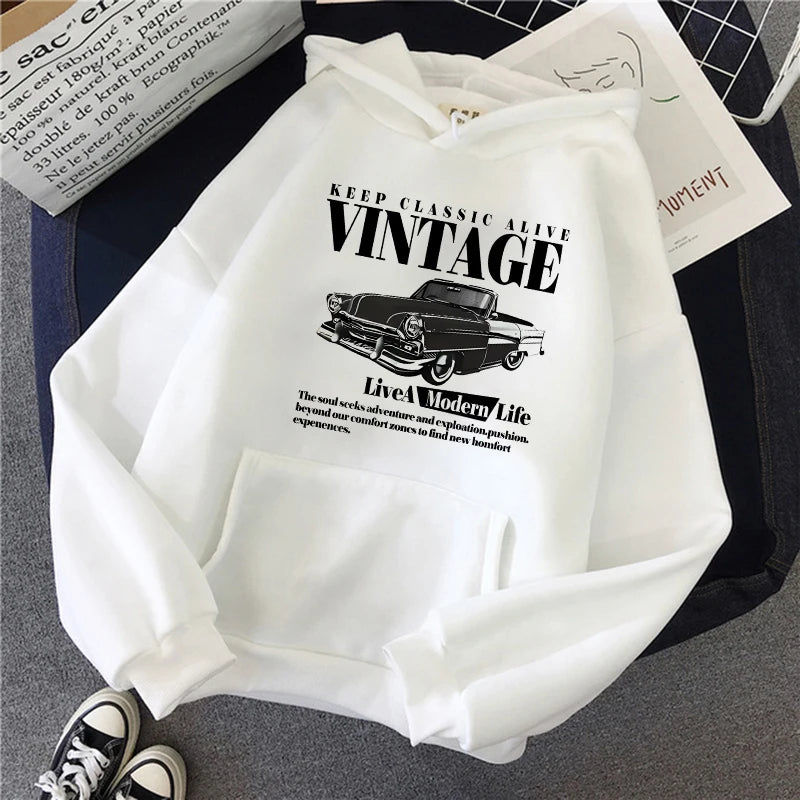 Vintage Car Retro Casual Graphic Print Hoodie