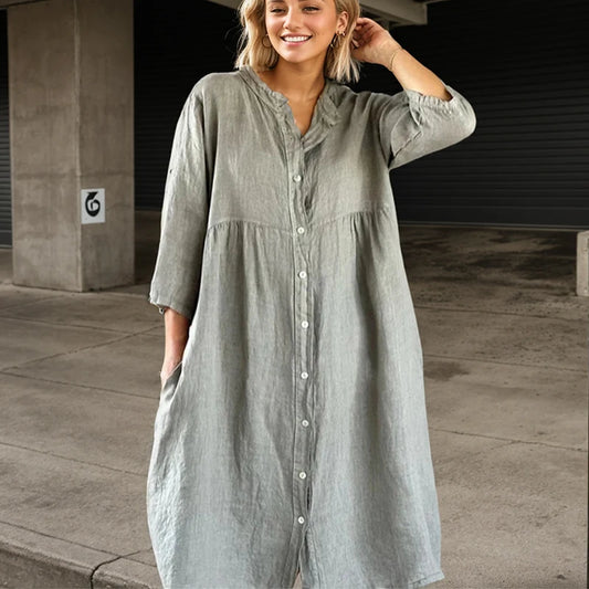 Long Sleeve Button O-neck Loose Dress